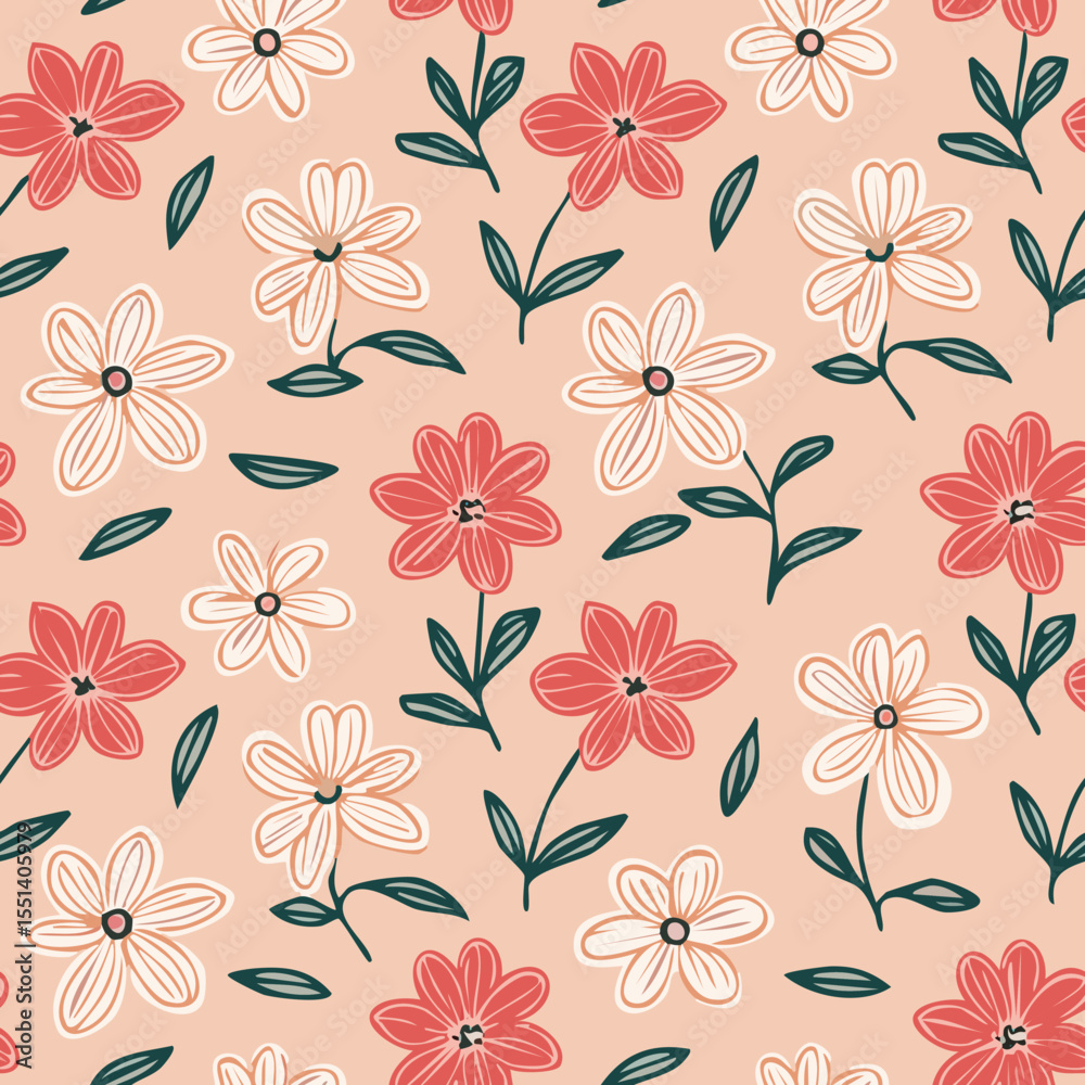 Fototapeta premium Vintage Hand-Drawn Floral Seamless Pattern – Elegant Botanical Background Design