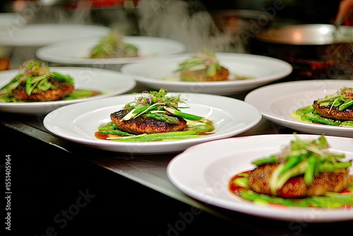 Plated meals of meat and vegetables, arranged in a row on white plates.  Steam rises from the background