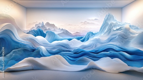 Abstract sculpture depicting serene landscape in gallery setting