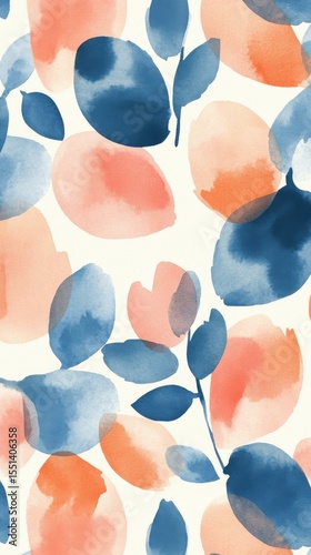 Abstract painting of serene shapes in peach, coral, and blue tones