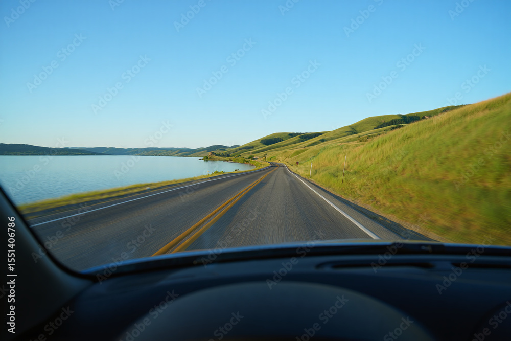 Lake Road Trip View – Scenic Summer Drive from Car Lake Road Trip View – Scenic Summer Drive from Car