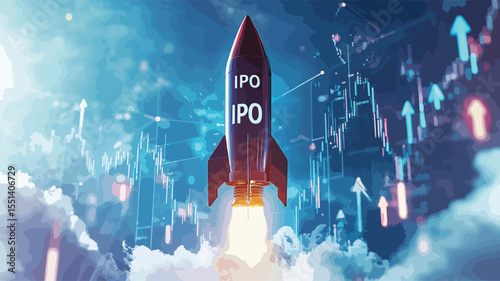Business Rocket Launching with IPO Symbolizing Business Growth, Initial Public Offering (IPO)