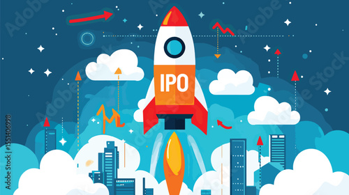 Business Rocket Launching with IPO Symbolizing Business Growth, Initial Public Offering (IPO)
