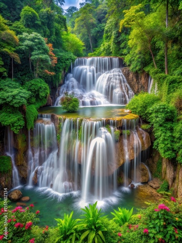 Towering Huay Mae Kamin waterfall cascades down a moss-covered cliff amidst lush green forest foliage