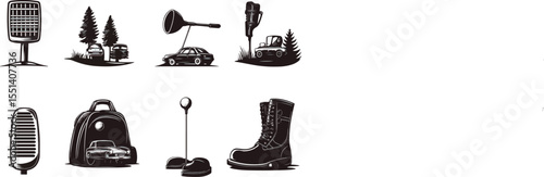 Monochrome Vector Illustration Featuring Cars Accessories and Outdoor Elements