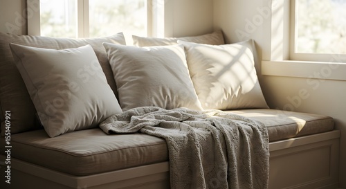 Sunlit Window Seat Serenity: A Cozy Corner with Beige Pillows and Blanket