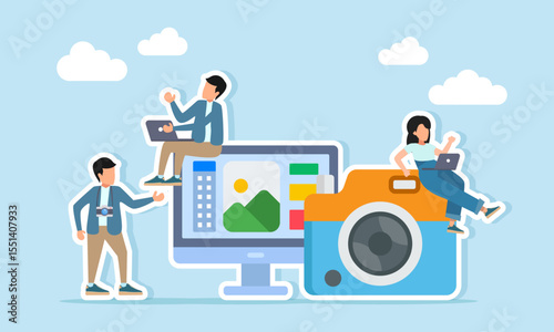 male and female editors working on a laptop for editing near monitor camera and photographer illustration of professional photo editing process