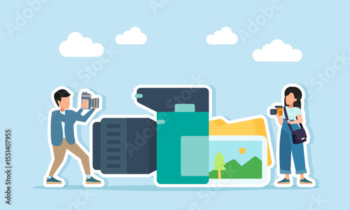 male and female photographers near camera and photo gallery folder illustration of hunting stock photo for commercial or personal visual content