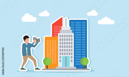photographer taking pictures of skyscrapers illustration of hunting photos with metropolitan theme or city building architecture