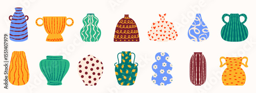 Contemporary ceramic vases. Modern clay pottery vessel, decorative urns pottery jar pitcher, creative porcelain objects. Vector isolated set