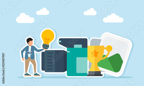 photographer holding a lamp near a camera trophy and photo album illustration of idea and inspiration for joining a photography contest or competition
