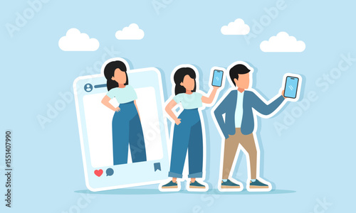 man and woman taking a selfie near a social media frame illustration of personal branding for online presence or digital identity