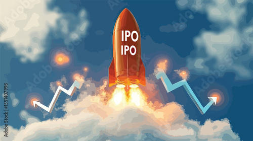 Business Rocket Launching with IPO Symbolizing Business Growth, Initial Public Offering (IPO)
