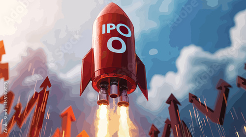 Business Rocket Launching with IPO Symbolizing Business Growth, Initial Public Offering (IPO)