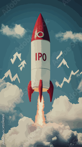 Business Rocket Launching with IPO Symbolizing Business Growth, Initial Public Offering (IPO)