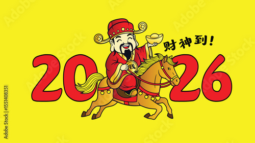 Chinese new year 2026 god of prosperity caishen year of the horse cute cartoon vector