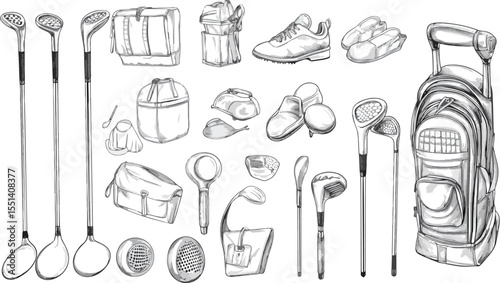 Monochrome Golf Equipment Illustration Featuring Clubs Shoes and Bags