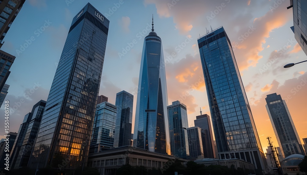 Fototapeta premium Tall skyscrapers with mirror-like surfaces reflecting sunset colors, dramatic urban skyline, perspective from street level