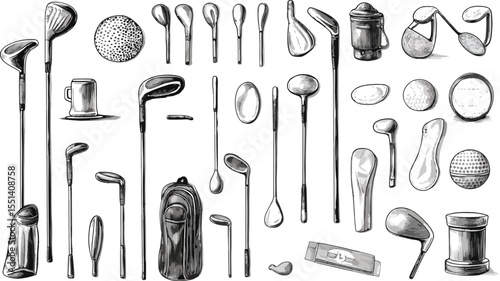 Golf Equipment Sketch Illustration Clubs Balls Tees Bag and Accessories