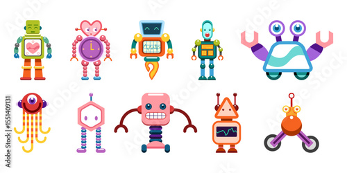 Modern collection of diverse robot illustrations featuring various futuristic and mechanical character designs for digital and print projects