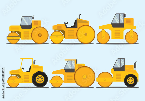 Set of stylized road roller illustrations in various colors and poses suitable for construction or heavy machinery themes