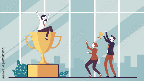 Team of businesspeople celebrate victory with trophy, expressing joy and excitement