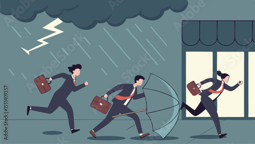 Urgency and teamwork, Team of businesspeople runs away as storm approaches,