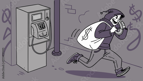Thief is running away with bag of money near payphone, showcasing sense of urgency