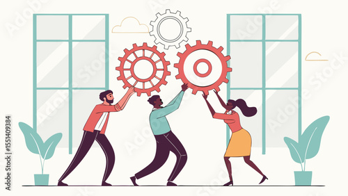 Collaborative teamwork with diverse individuals lifting gears symbolizes unity and innovation