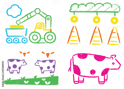 A funny cartoon farm animal collection with a cow, sheep, and pig in a green meadow illustration