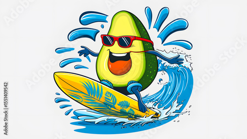 Cartoon avocado with sunglasses surfing ocean waves on colorful surfboard. Energetic and playful style, perfect for concepts like healthy lifestyle, summer fun, or tropical vibes.