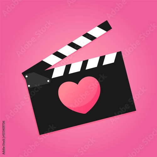 Clapping movie film slate, clapperboard icon with a heart on pink background. Cinema symbol. Vector illustration
