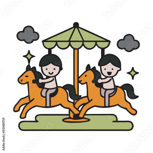 Children On Carousel Horse Amusement Ride