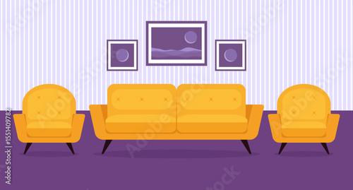 Living room with yellow sofa and armchairs in flat style. Vector illustration