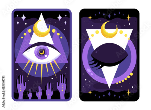 Modern celestial Tarot card design with sacred All seeing eye. Reverse side of Tarot deck with a magical eye. Vector illustration