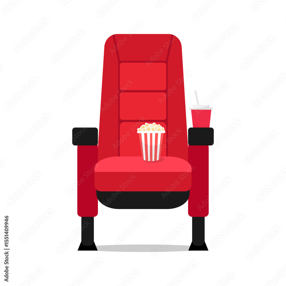 Fototapeta premium Red movie theater chair icon symbol. Cinema seat with soda and popcorn bucket on it isolated on white background. Vector illustration