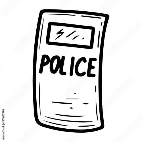 Police tactical shield. Hand drawn doodle vector. Protective equipment of special forces soldiers. Officer bulletproof object. Illustration line art element.