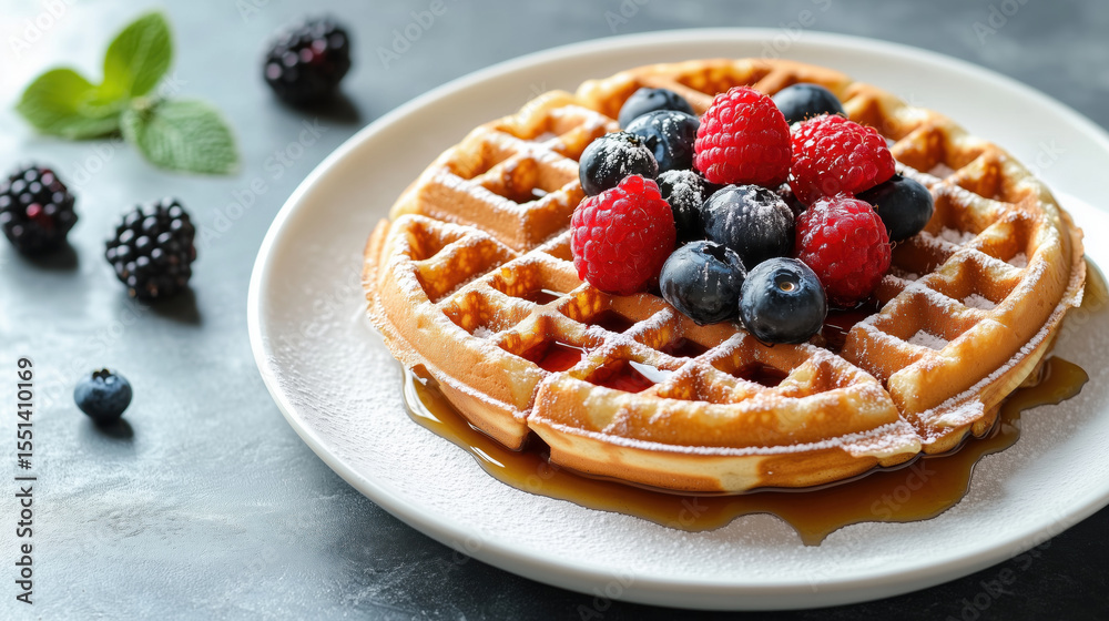 Stack of golden waffles topped with fresh raspberries, blueberries, and syrup on a white plate. Powdered sugar dusting adds sweetness. Classic breakfast dessert. Stack of golden waffles topped with fresh raspberries, blueberries, and syrup on a white plate. Powdered sugar dusting adds sweetness. Classic breakfast dessert.