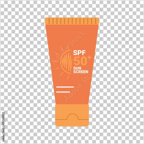 Sunscreen product tube on transparent background. SPF UV protection summer skincare product. SPF cream or lotion. Vector illustration