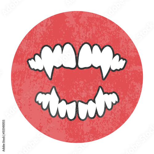 Vampire teeth with sharp fangs round emblem in retro style. Vector illustration