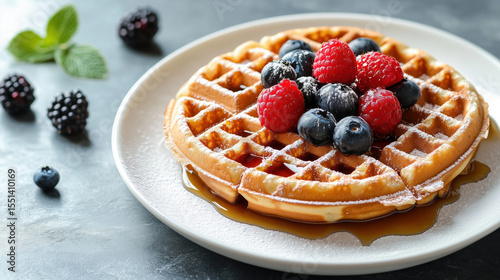Stack of golden waffles topped with fresh raspberries, blueberries, and syrup on a white plate. Powdered sugar dusting adds sweetness. Classic breakfast dessert.