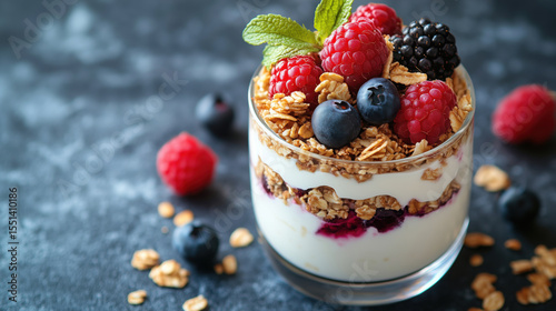 Glass of yogurt parfait with granola and fresh berries including raspberries, blueberries, and blackberries. Healthy breakfast or snack. Natural ingredients.