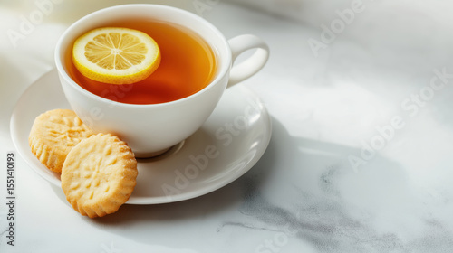 Cup of black tea with lemon slice served on a saucer with two shortbread cookies on a white marble surface. Warm and cozy drink. Simple teatime.