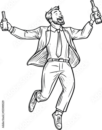 Joyful businessman silhouette jumping, holding bottles, editable vector illustration