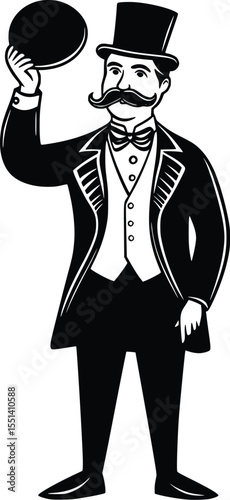 Silhouette of a vintage gentleman in top hat, holding a plate, editable vector illustration