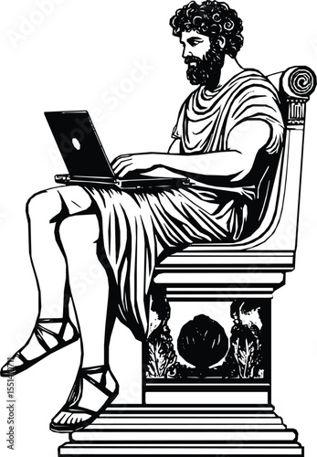 Silhouette of a bearded man in Roman attire using a laptop, seated on an ornate throne, editable vector illustration.