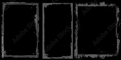 Collection of grunge overlay paper texture, damaged photo cover, retro torn or rip background, distressed ink paint brush stroke frame and dirty banner filter with uneven edge, splash and dust grain