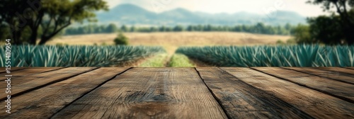 Close-Up of Rustic Empty Wooden Table with Blurred Mexican Agave Field Farm Background