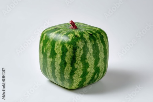 A cube-shaped watermelon with bright green stripes is the result of genetic modification and bioengineering