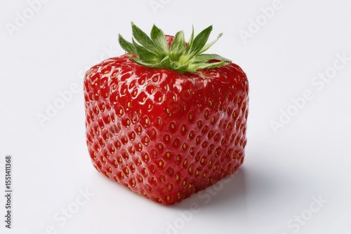 The cube-shaped strawberry is bright red with green leaves on a white background, the result of genetic modification and bioengineering